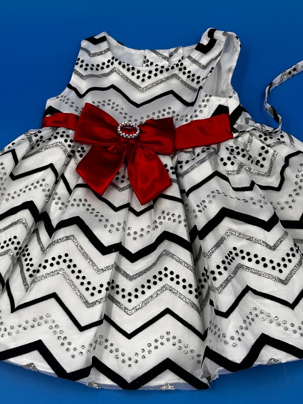 Young Land Baby White Dress Fabric with Black Chevron and Silver Glitter Accents